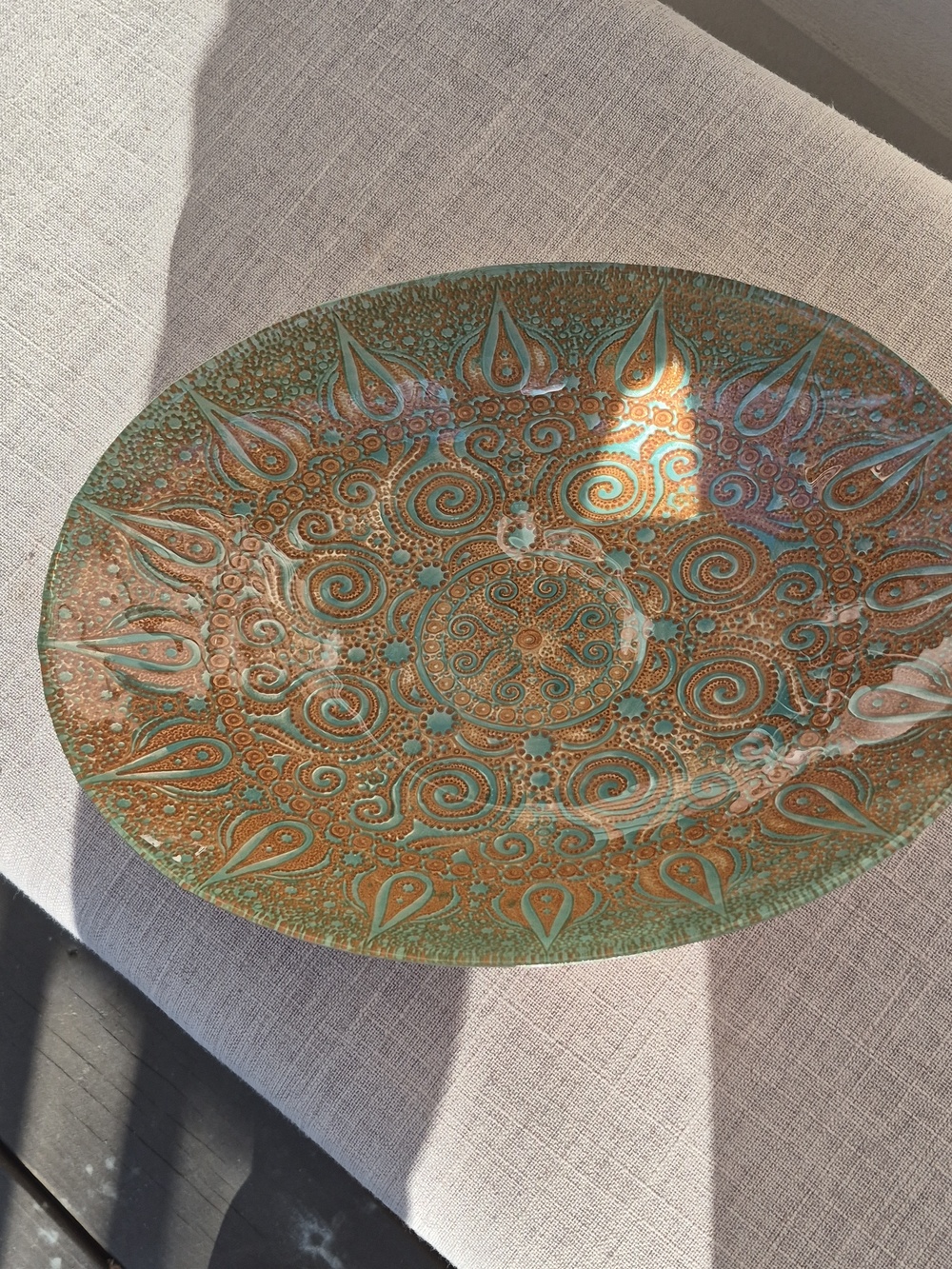 Turkish Topkapi Oval Art Glass Centerpiece turquoise  gold patterned glaze Bowl